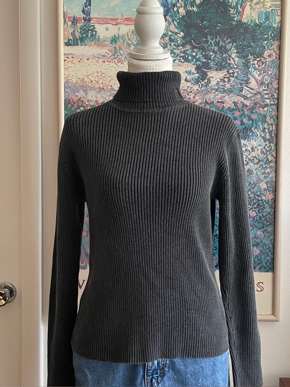 Lauren Ralph Lauren Gray Ribbed Turtleneck Sweater M Cotton Preppy Old Money 90s